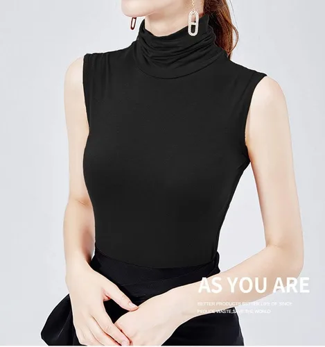 Vista 3 de Camisa de algodón suave con cuello alto falso para mujer, camiseta de ropa