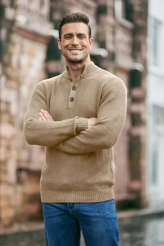 Vista 2 de COOFANDY Suéter de punto Henley de manga larga con cuello alto para hombre