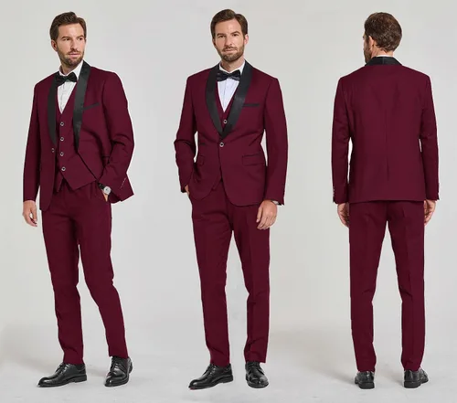 Vista 4 de YND Conjunto de esmoquin de 3 piezas para hombre, ajuste delgado, cuello de chal de un botón, chaleco de color liso, con corbatín