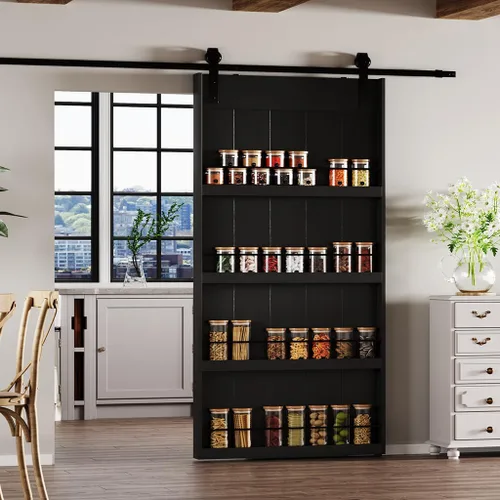 Vista 9 de BARNER HOME Puerta corrediza de granero de 30" x 84", puerta de granero estilo estante con kit de herrajes de 6 pies, hecha de MDF imprimado Negro