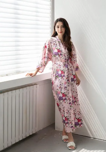 Vista 2 de Batas tipo kimono de satén para mujer, albornoces, pijamas, ropa de descanso, estampado floral