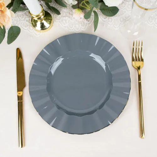 Vista 169 de Tableclothsfactory Paquete de 10 platos redondos de plástico negro de 6 pulgadas para ensalada de postre, platos desechables con borde ondulado