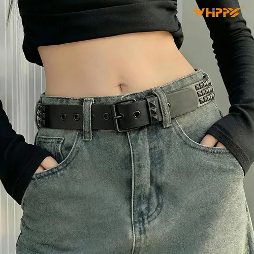 Vista 7 de WHIPPY Mujeres Hombres Remache Cinturón Pyramid Square Bead PU Cuero Punk Rock Ojal Cinturón para Jeans Negro