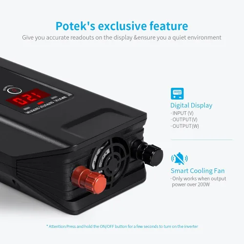 Vista 3 de POTEK - Inversor de corriente de 750W, adaptador de coche DC 12V a AC 110V, con dos puertos USB y puertos de carga AC para laptop, tableta, teléfono