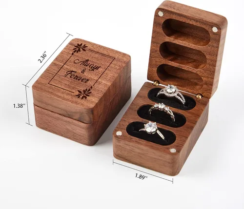 Vista 6 de Always & Forever - Caja de 3 ranuras para boda, ceremonia, compromiso, cumpleaños, caja de portador de anillos de madera de nogal grabada, forro