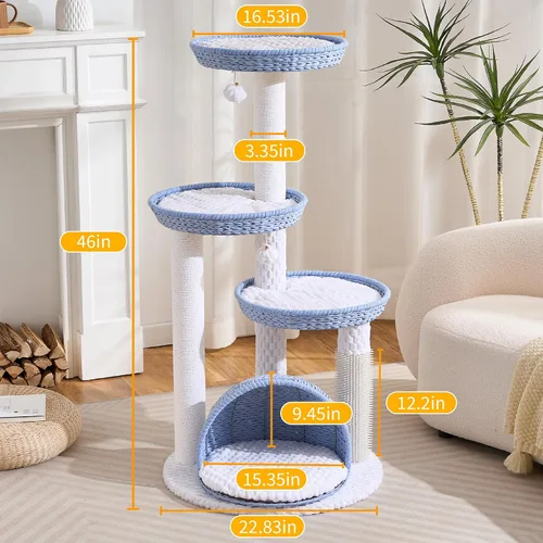Vista 8 de HITTITE Moderna torre de árbol para gatos con poste rascador, torres para gatos de 46 pulgadas de alto con nidos y cueva tejidos, árbol para gatos