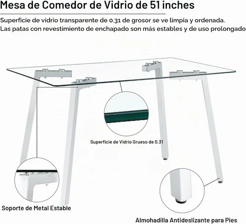 Vista 3 de Juego de 4 mesas de comedor de cristal de 51 pulgadas con patas