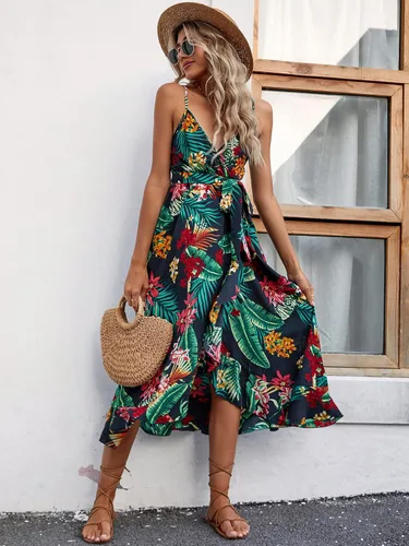 Vista 4 de WDIRARA Vestido de tirantes con cinturón sin mangas y cuello en V y estampado tropical para mujer