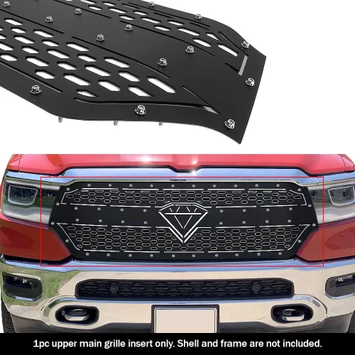 Vista 9 de APS Compatible con Ram 1500 2019-2024 Laramie Lone Star Big Horn Tradesman Principal Superior Acero Inoxidable Negro Corte Láser Rejilla Inserto