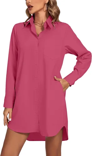 Vista 24 de LYANER Vestido camisero para mujer con cuello en V, botones, manga larga y dobladillo curvado