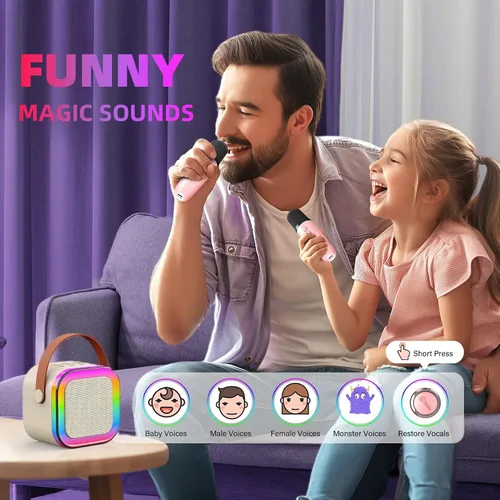 Vista 7 de Máquina de karaoke para niños, máquina de karaoke para niñas con 2 micrófonos inalámbricos, mini altavoz Bluetooth portátil para niños, máquina