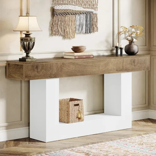 Vista 13 de Tribesigns Mesa consola de 63 pulgadas, mesa de entrada de 2 niveles con base en forma de U, mesa de sofá estrecha y larga de madera detrás del sofá