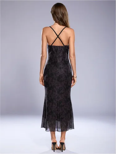 Vista 2 de SOLY HUX Vestido de malla floral para mujer, vestido largo para cóctel Estampado floral multicolor.