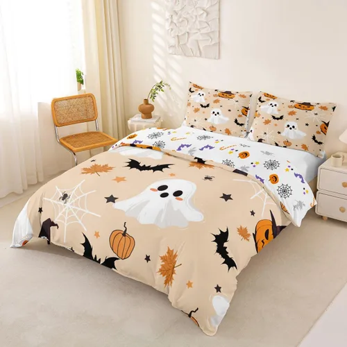Vista 6 de Erosebridal Funda de edredón de calabaza con diseño de murciélagos para Halloween, juego de ropa de cama con sombrero de bruja, funda de edredón