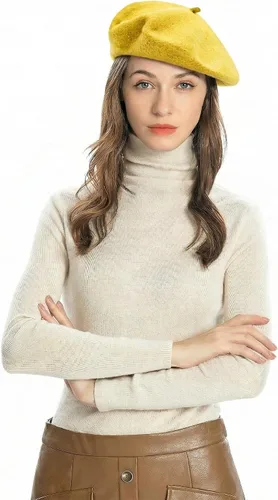Vista 2 de ZLYC Boina Francesa de Lana Sombrero Color Sólido Gorra Boina para Mujeres y Niñas Amarillo básico