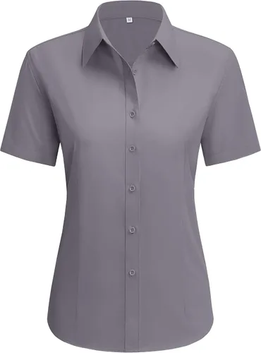 Vista 23 de siliteelon Camisas de vestir para mujer, de manga corta, de algodón, camisa con botones abajo, camisa básica con botones arriba, camisas con cuello
