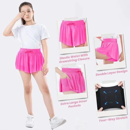 Vista 2 de Paquete de 3 pantalones cortos fluidos para niñas con bolsillos, 2 en 1, faldas de mariposa fluidas para jóvenes, pantalones cortos para correr