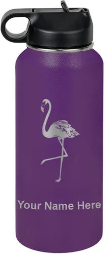 Vista 45 de LaserGram Botella de agua personalizada, flamenco, acero inoxidable de doble pared aislada al vacío con popote superior, regalo grabado