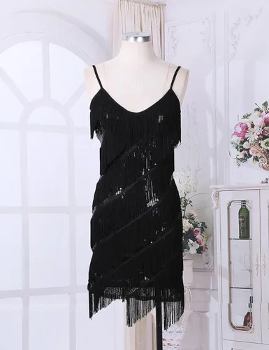 Vista 2 de CHICTRY Vestido de mujer con tirantes delgados, borlas de lentejuelas, con flecos, vestido de fiesta, baile, vestido de noche