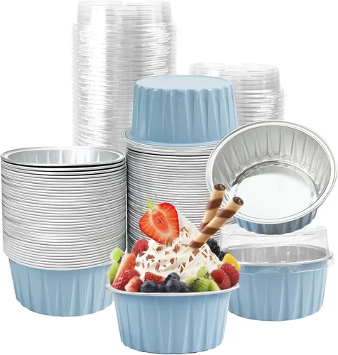 Vista 19 de 100 piezas de tazas de aluminio con tapas, 5 onzas de tazas desechables de ramekin para hornear, forros para magdalenas, mini moldes para tartas