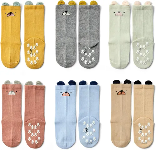 Vista 7 de Moon Tree Calcetines antideslizantes para bebés y niñas, calcetines de rodilla con puños para bebés, calcetines antideslizantes de algodón