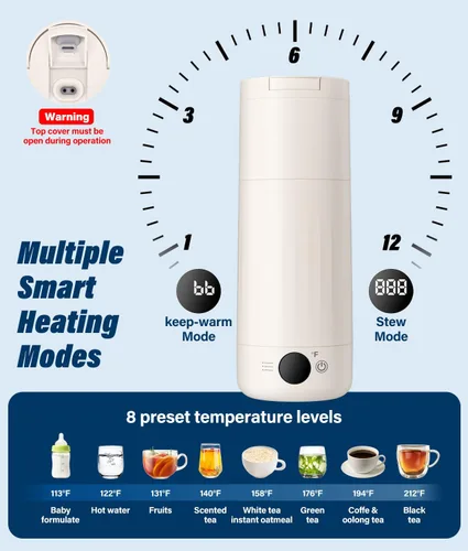 Vista 5 de Hervidor eléctrico portátil para viajes, hervidor de acero inoxidable 316, caldera de agua caliente con tapa y taza 2 en 1, hervidor de té de viaje