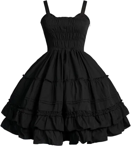 Vista 2 de Vestido de Lolita gótico negro para mujer, vestido clásico de verano sin mangas, vestido gótico Lolita, talla grande, disfraz de sirvienta de anime