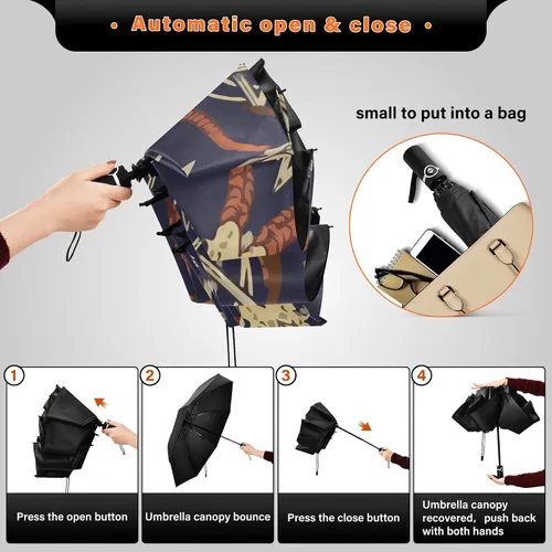 Vista 5 de UV Blocking Automatic Open Umbrella Satan-baphomet-sheep-head-demon Portable Travel Folding Umbrellas with Cover Bag