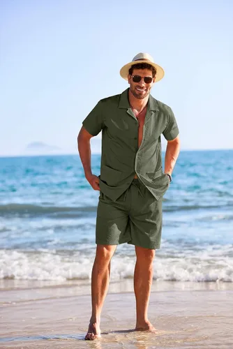 Vista 3 de COOFANDY Conjunto de camisa de 2 piezas para hombre, ajuste regular, manga corta, con botones, informal, para playa, pantalones cortos
