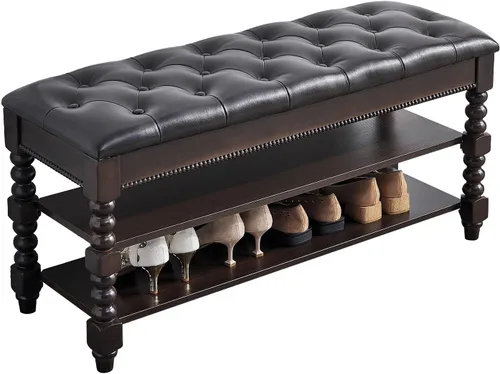 Vista 12 de Banco de almacenamiento de zapatos, zapatero de entrada con asiento de cuero de fibra de 2 niveles, organizador superior de madera para entrada