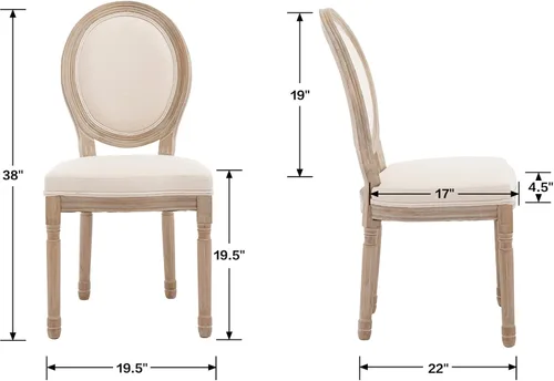 Vista 2 de Kmax Sillas de comedor estilo granja, patas de madera marrón, elegantes sillas de cocina copetudas, sillas de dormitorio francesas desgastadas