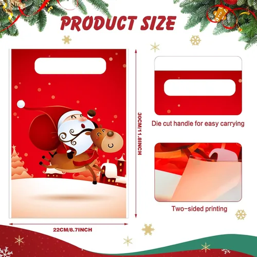 Vista 4 de Sinmoe - 200 bolsas de plástico navideñas de 9 x 12, colores mezclados Con asas, reutilizable para fiestas minoristas de caramelos, diseños