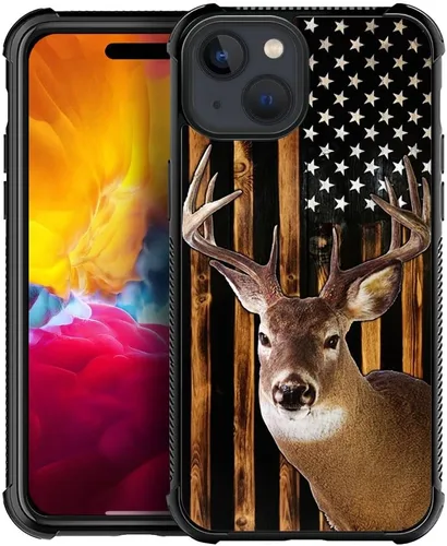 Vista 390 de Funda compatible con iPhone 8, a prueba de golpes, antiarañazos, bandera de ciervos de cola blanca de grano de madera estadounidense