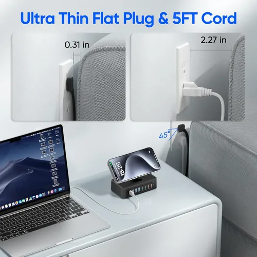 Vista 6 de Estación de carga USB de 200 W, regleta de alimentación USB C 11 en 1, 2 salidas AC y 8 puertos USB, cable de extensión de enchufe plano de 5 pies