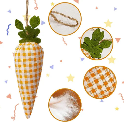 Vista 3 de 16 adornos colgantes de zanahoria de Pascua, patrón de estampado a cuadros, mini zanahoria artificial, adornos colgantes para fiesta de Pascua