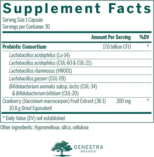 Vista 2 de Genestra Brands HMF Women's Daily Apoyo a la salud del tracto urinario y gastrointestinal para mujeres 30 cápsulas