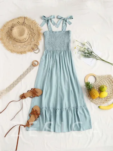 Vista 5 de ZESICA vestido bohemio y liso de verano para mujer, acampanado, con tirantes delgados, cuello cuadrado y volantes, vestido largo para la playa