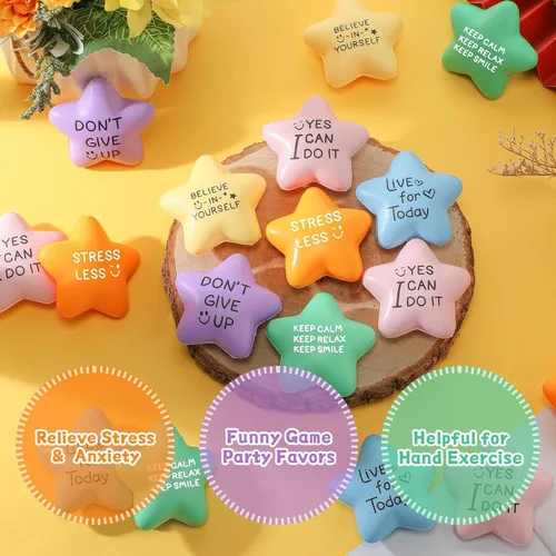 Vista 3 de Libima 30 bolas motivacionales para el estrés con forma de estrella a granel de 2.2 pulgadas, coloridas bolas de espuma para aliviar la ansiedad