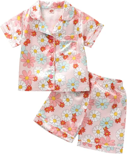 Vista 20 de Conjunto de pijama de satén para bebés y niños pequeños, pijamas de manga larga con botones para niñas 4 de julio