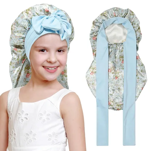 Vista 14 de Gorro de pelo largo para niños para dormir - Gorro de satén elástico de doble capa para niñas con banda de amarre para cabello trenzado y rizado