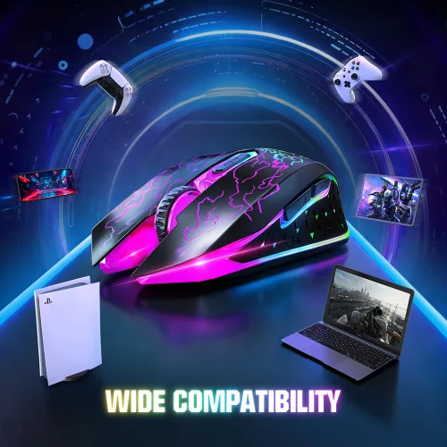 Vista 7 de VersionTECH. Ratón inalámbrico para juegos, recargable, con luces LED coloridas, clic silencioso, receptor USB nano 2.4G, 3 niveles de DPI para PC