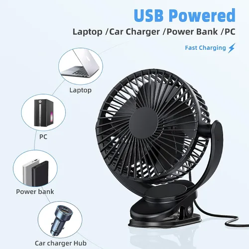 Vista 7 de ATEngeus Ventilador de escritorio recargable con clip USB, 3 velocidades, batería de 5000mAh, rotación de 720, abrazadera resistente para el hogar
