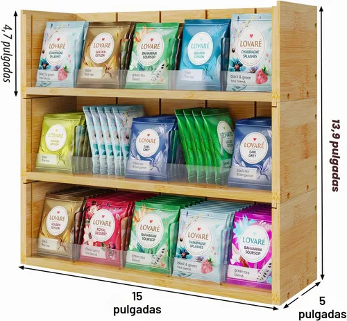 Vista 6 de X-cosrack Caja de almacenamiento organizadora de bolsas de té de bambú, caja de té apilable de 3 niveles, madera natural, cofres de té de montaje