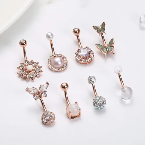 Vista 6 de Dochais 8 piercings para ombligo de acero quirúrgico para mujer, de acero inoxidable, ópalo, perla brillante, circonita cúbica, joyería de piercing