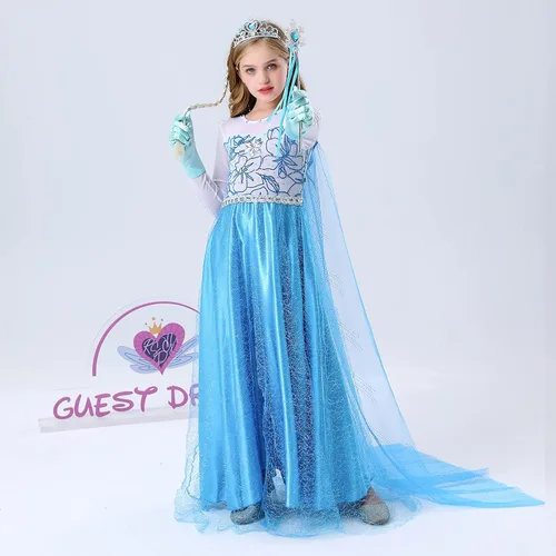 Vista 7 de guest dream Disfraz de princesa Elsa para niñas disfraz de princesa con accesorios para fiesta Halloween Navidad cosplay