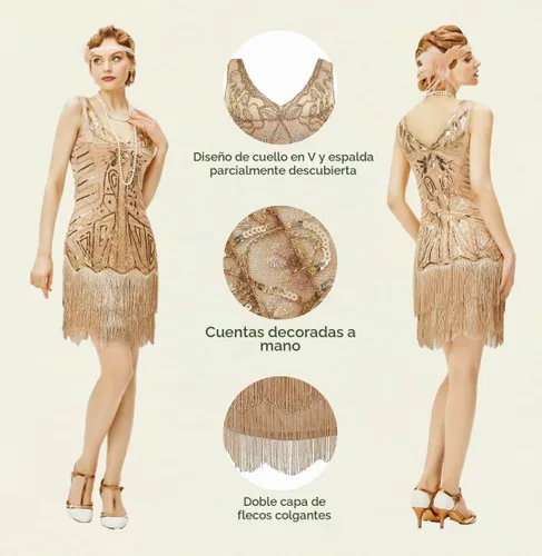 Vista 5 de BABEYOND Conjunto de vestidos flapper para mujer, con cuello en V de los años 20, con flecos y flecos, con accesorios Set - Champagne Gold