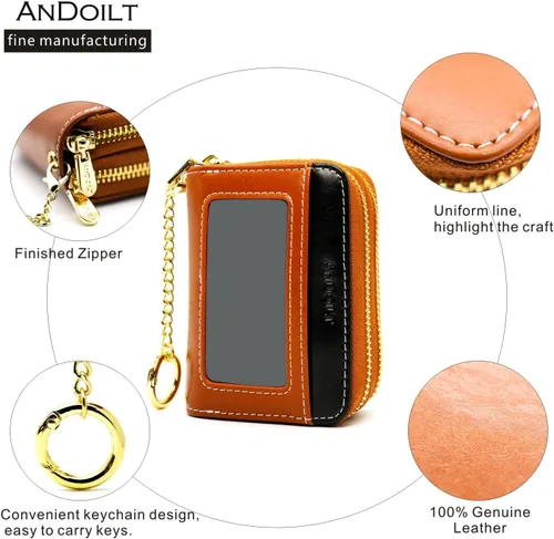 Vista 5 de ANDOILT Cartera pequeña de piel auténtica para mujeres y hombres, bloqueo RFID, con doble cremallera, acordeón, tarjetero y llavero, L1 marrón