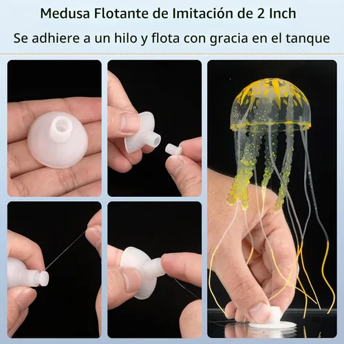 Vista 7 de Uniclife Paquete de 4 decoraciones para pecera, efecto brillante, decoración de acuario, pequeña medusa artificial de silicona, adorno de planta