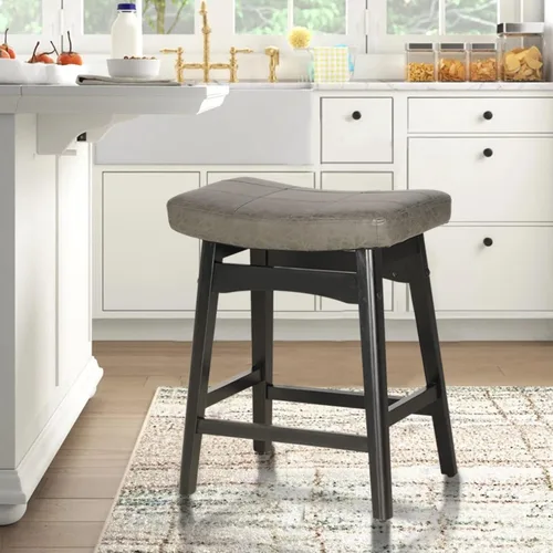 Vista 22 de ALPHA HOME Taburete de bar, taburete de cocina de silla de montar de madera maciza con cojín de tela de lino beige, taburete de bar de altura