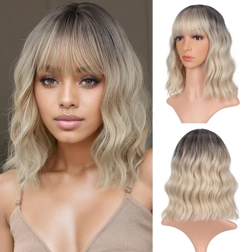 Vista 37 de VCKOVCKO - Peluca de cabello castaño claro rizada con flequillo de aire, onda natural rizada, peluca corta estilo Bob para mujer, longitud hasta